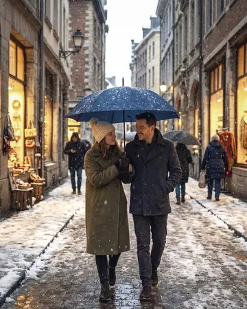A fictional couple walking under one umbrella in falling snow on a European city street at dusk, shop windows glowing. With the Chrome Film preset applied.