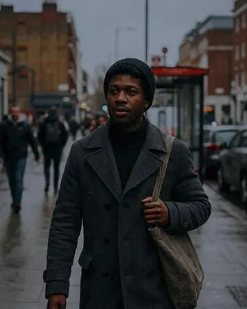 A candid street portrait of a fictional Black man in a wool coat on an overcast city sidewalk, shallow depth of field. With the Chrome Film preset applied.