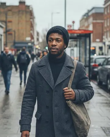 A candid street portrait of a fictional Black man in a wool coat on an overcast city sidewalk, shallow depth of field. With the Chrome Film preset applied.