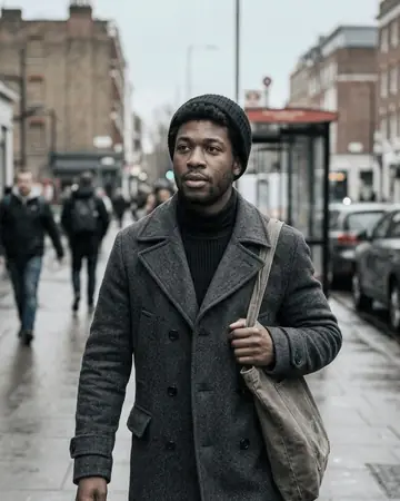 A candid street portrait of a fictional Black man in a wool coat on an overcast city sidewalk, shallow depth of field. With the Chrome Film preset applied.