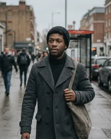 A candid street portrait of a fictional Black man in a wool coat on an overcast city sidewalk, shallow depth of field. Photographed without a preset.