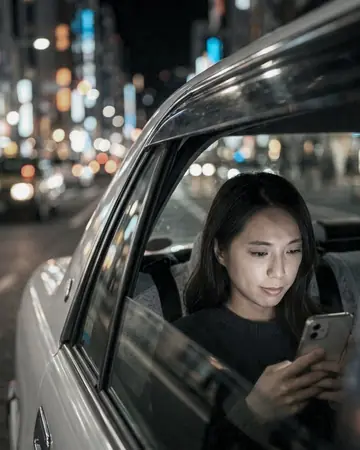 View through a taxi window at night, city lights bokeh, fictional passenger's face lit by the phone. With the Chrome Film preset applied.