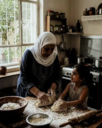 A fictional Middle Eastern grandmother and grandchild kneading dough in a sunlit kitchen, flour in the air. With the Cinema Grade preset applied.