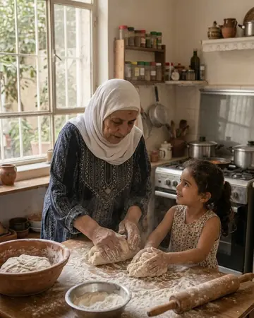 A fictional Middle Eastern grandmother and grandchild kneading dough in a sunlit kitchen, flour in the air. Photographed without a preset.