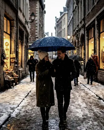 A fictional couple walking under one umbrella in falling snow on a European city street at dusk, shop windows glowing. With the Cinema Grade preset applied.
