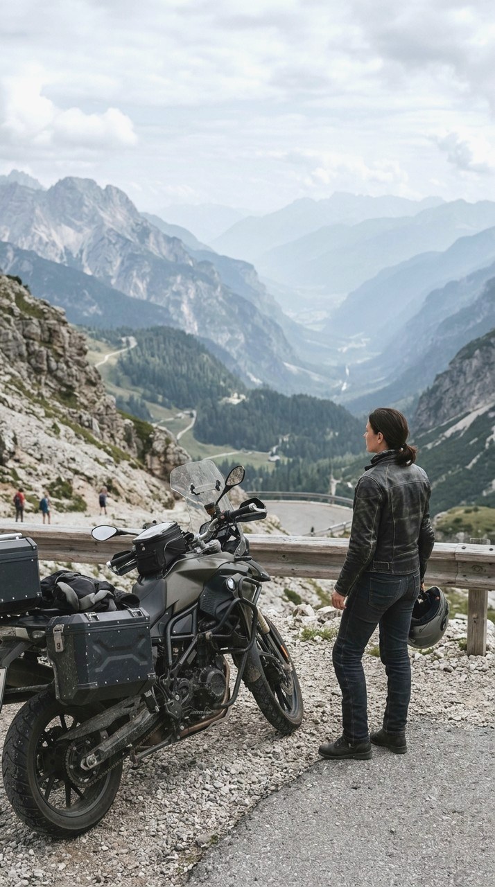 Chrome Film: A fictional motorcyclist in a leather jacket stopped at a mountain pass overlook, bike in the foreground, hazy valley