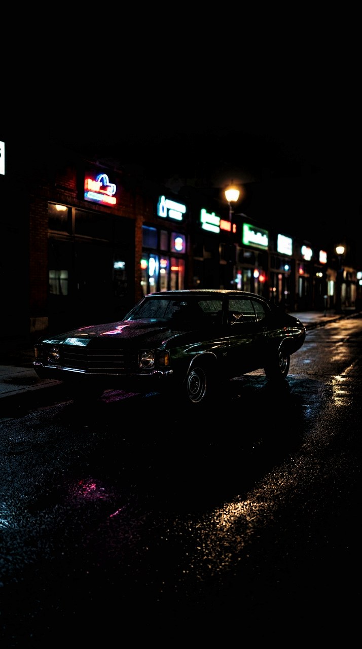 Night Halation: A 1970s classic car parked on a night street lit by neon shop signs, wet asphalt reflections, no people