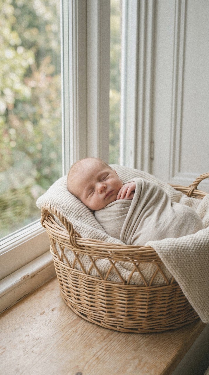 Pastel Film: A fictional newborn asleep in a wicker basket on a cream blanket beside a window, soft daylight