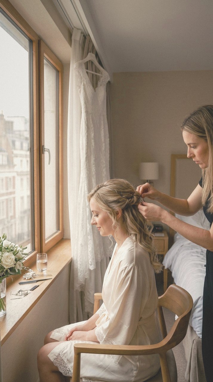 Warm Negative: A fictional bride having her hair pinned by a window in a hotel room, white dress hanging behind, soft daylight