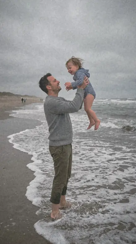 Flat Varnish applied to Father toddler beach