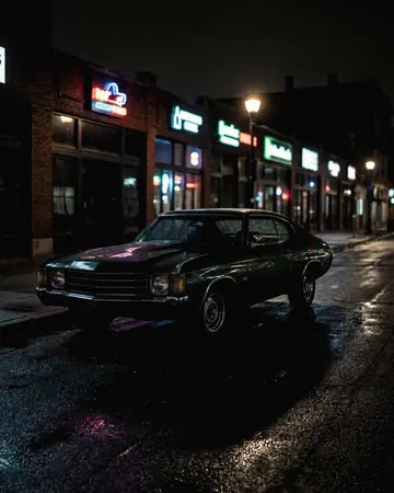 A 1970s classic car parked on a night street lit by neon shop signs, wet asphalt reflections, no people. With the Japan Film preset applied.