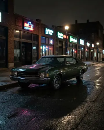 A 1970s classic car parked on a night street lit by neon shop signs, wet asphalt reflections, no people. Photographed without a preset.