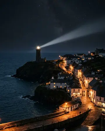 A lighthouse beam sweeping a starry sky, night, lit only by street and shop lights. Photographed without a preset.