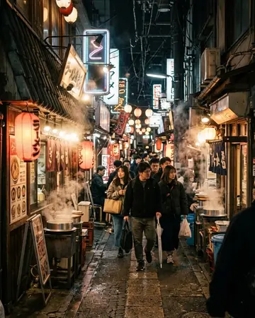 A narrow night alley of ramen shops lit by neon and paper lanterns, steam, fictional passers-by. Photographed without a preset.