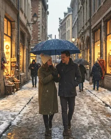 A fictional couple walking under one umbrella in falling snow on a European city street at dusk, shop windows glowing. With the Japan Film preset applied.