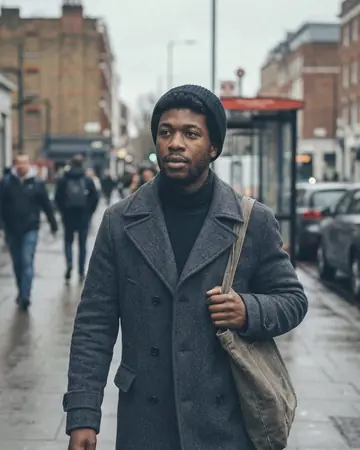 A candid street portrait of a fictional Black man in a wool coat on an overcast city sidewalk, shallow depth of field. With the Japan Film preset applied.