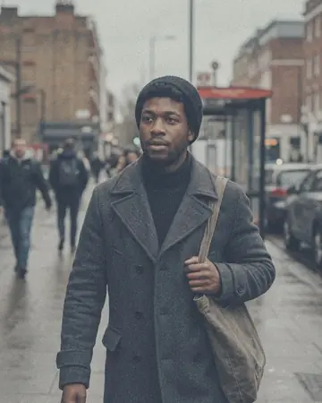 A candid street portrait of a fictional Black man in a wool coat on an overcast city sidewalk, shallow depth of field. With the Japan Film preset applied.