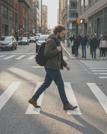 A fictional man walking a city crosswalk with long afternoon shadows. With the Japan Film preset applied.