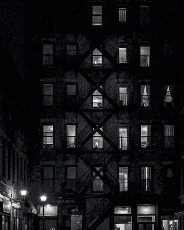 A fire escape zigzagging up a brick facade, night, lit only by street and shop lights. With the Mono Film preset applied.