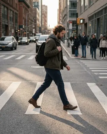 A fictional man walking a city crosswalk with long afternoon shadows. Photographed without a preset.