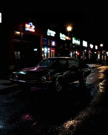 A 1970s classic car parked on a night street lit by neon shop signs, wet asphalt reflections, no people. With the Night Halation preset applied.
