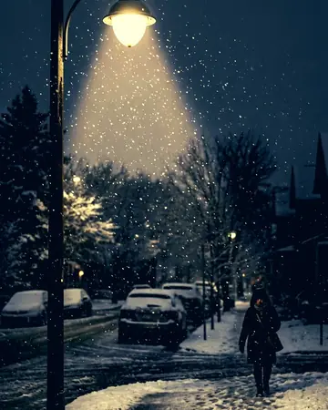 Snow falling through the beam of a street lamp, overcast, soft grey light. With the Night Halation preset applied.