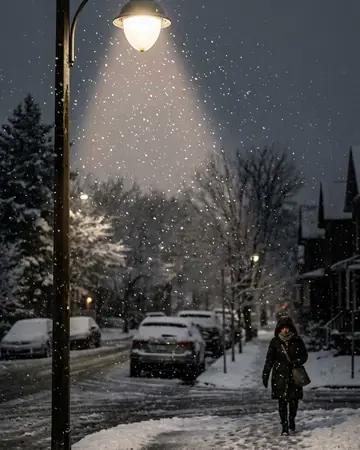 Snow falling through the beam of a street lamp, overcast, soft grey light. Photographed without a preset.