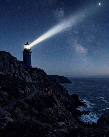 A lighthouse beam sweeping a starry sky, blue hour just after sunset, cool ambient light. With the Night Halation preset applied.