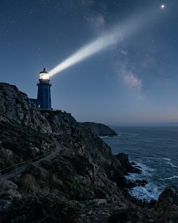 A lighthouse beam sweeping a starry sky, blue hour just after sunset, cool ambient light. Photographed without a preset.