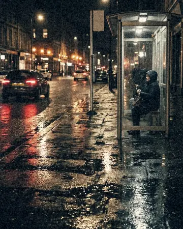 A bus stop on a wet pavement, reflections in the puddles, night, lit only by street and shop lights. With the Night Halation preset applied.