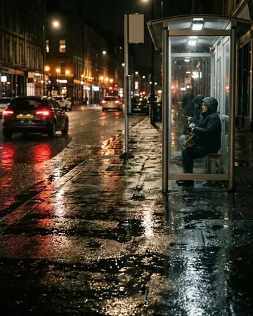 A bus stop on a wet pavement, reflections in the puddles, night, lit only by street and shop lights. Photographed without a preset.