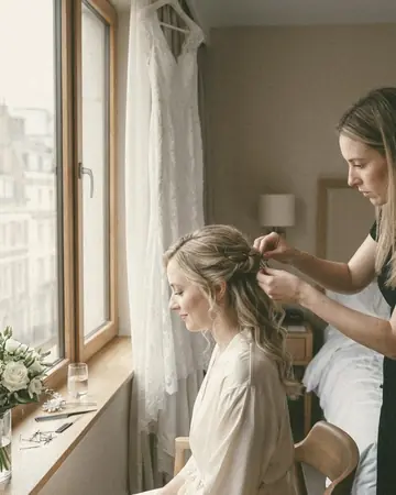 A fictional bride having her hair pinned by a window in a hotel room, white dress hanging behind, soft daylight. With the Pastel Film preset applied.