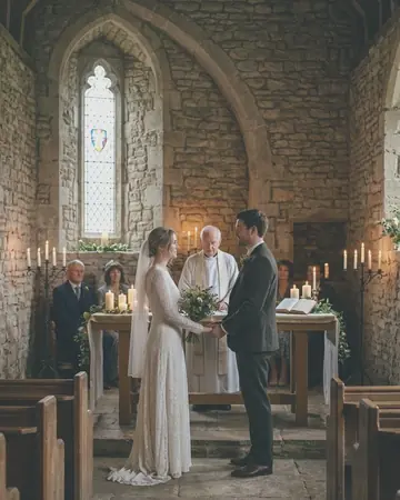 A fictional bride and groom at the altar of a small stone chapel, candles, light from a tall window, seen from the aisle. With the Pastel Film preset applied.