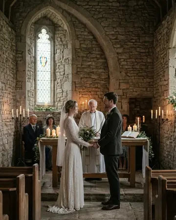 A fictional bride and groom at the altar of a small stone chapel, candles, light from a tall window, seen from the aisle. Photographed without a preset.