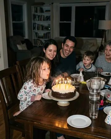 A fictional child blowing out birthday candles, direct flash at night, family around the table. Photographed without a preset.