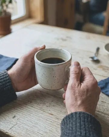 A fictional person's hands around a ceramic cup on a pale table. With the Pastel Film preset applied.