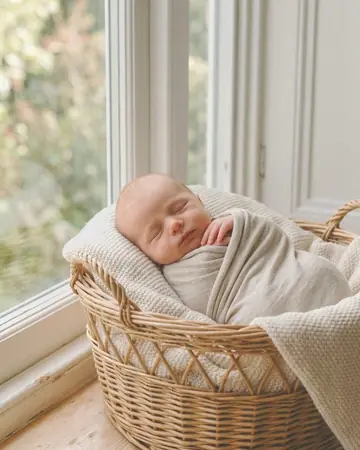A fictional newborn asleep in a wicker basket on a cream blanket beside a window, soft daylight. With the Pastel Film preset applied.