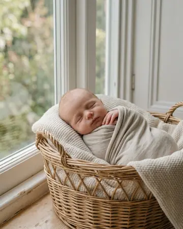 A fictional newborn asleep in a wicker basket on a cream blanket beside a window, soft daylight. Photographed without a preset.
