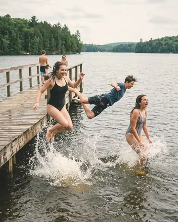 Fictional teenagers mid-jump off a wooden lake pier into the water, summer afternoon, splashes. With the Pastel Film preset applied.