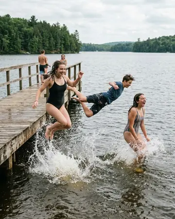 Fictional teenagers mid-jump off a wooden lake pier into the water, summer afternoon, splashes. Photographed without a preset.