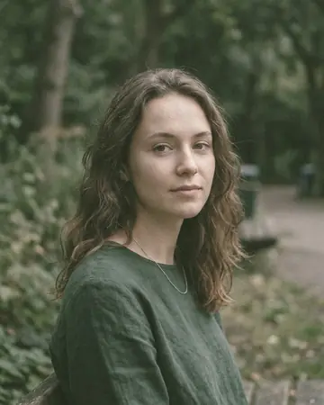 A fictional woman's portrait outdoors in open shade, daylight. With the Pastel Film preset applied.