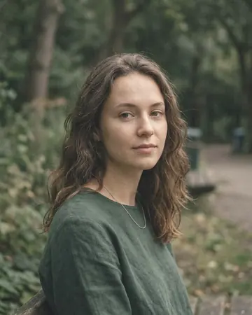 A fictional woman's portrait outdoors in open shade, daylight. With the Pastel Film preset applied.