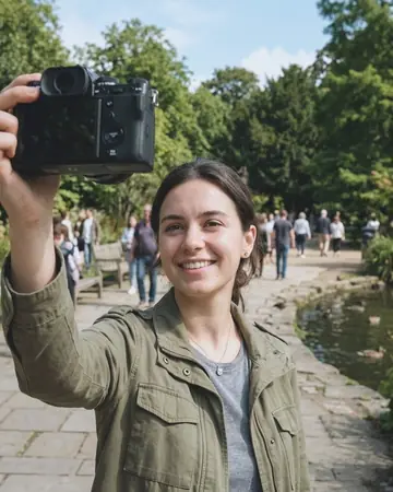 A fictional young woman taking a selfie in a park, clear day. With the Pastel Film preset applied.