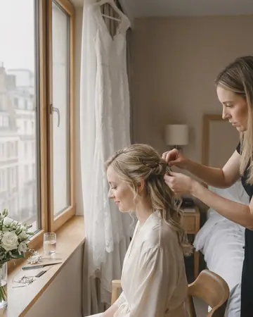 A fictional bride having her hair pinned by a window in a hotel room, white dress hanging behind, soft daylight. With the True Skin preset applied.