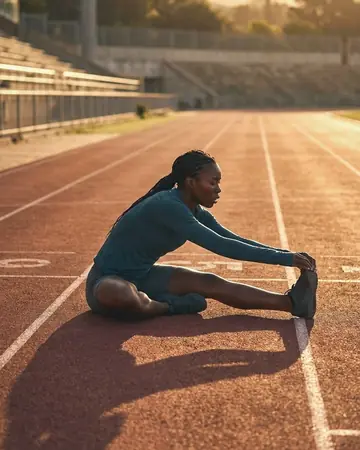 A fictional dark-skinned sprinter stretching on a running track at golden hour, long shadows. With the Warm Negative preset applied.
