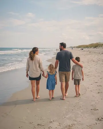 A fictional family walking on a wide beach, clear day. With the Warm Negative preset applied.