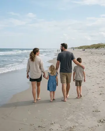 A fictional family walking on a wide beach, clear day. Photographed without a preset.