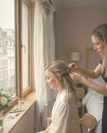 A fictional bride having her hair pinned by a window in a hotel room, white dress hanging behind, soft daylight. With the Warm Negative preset applied.