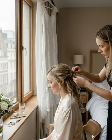 A fictional bride having her hair pinned by a window in a hotel room, white dress hanging behind, soft daylight. Photographed without a preset.