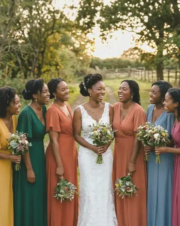 A fictional Black bride laughing with her bridesmaids outdoors, late afternoon sun, colourful dresses. With the Warm Negative preset applied.